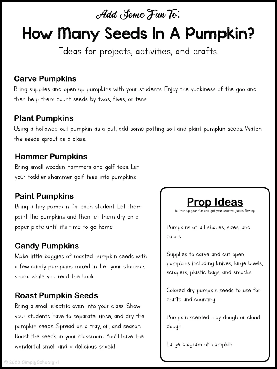 Pumpkin activity ideas include carving, planting, hammering, painting, seed snacks, and roasting seeds