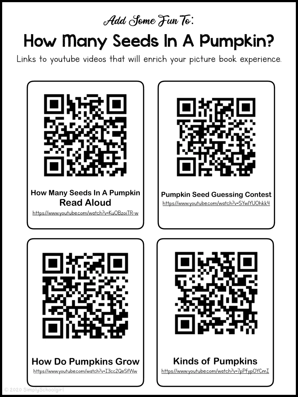 Video companion sheet links to a book read-aloud, a seed guessing contest, pumpkin growth, and pumpkin kinds