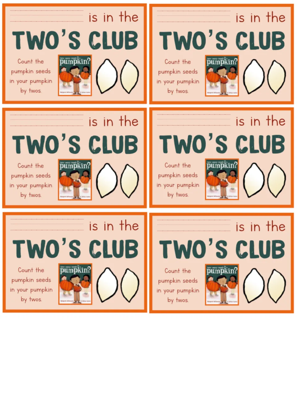 Six matching Two's Club cards for the book study tell students to count their pumpkin seeds by twos