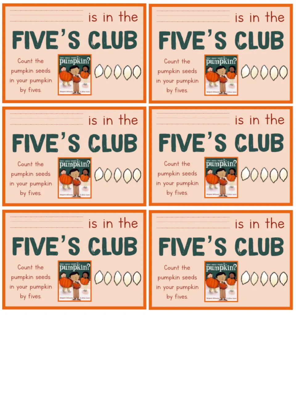 Six matching Five's Club cards for the book study tell students to count their pumpkin seeds by fives