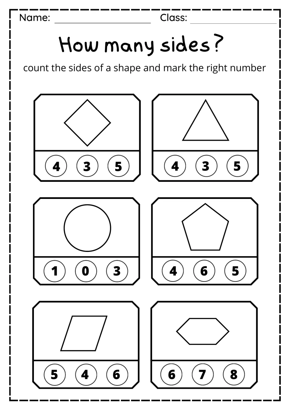 Counting sides: students mark how many sides a diamond, triangle, circle, pentagon, parallelogram and hexagon have