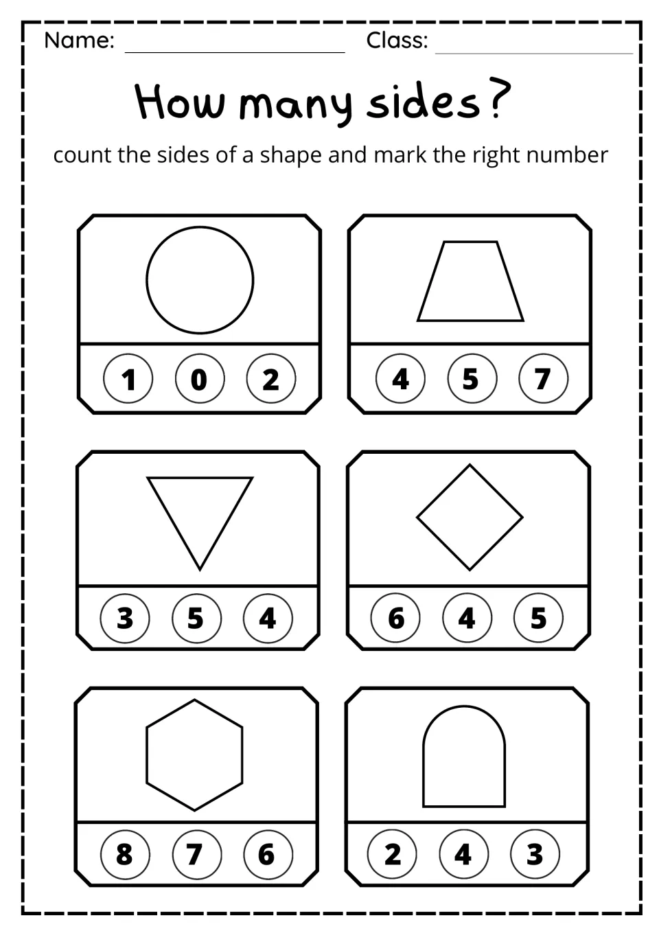 Counting sides of shapes: students pick 1 of 3 numbers for a circle, trapezoid, triangle, diamond, hexagon and arch shape