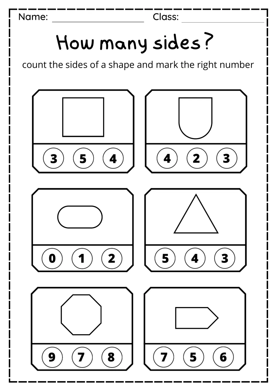 Shape sides count: students mark the number of sides on a square, rounded shield, oval, triangle, octagon and arrow shape