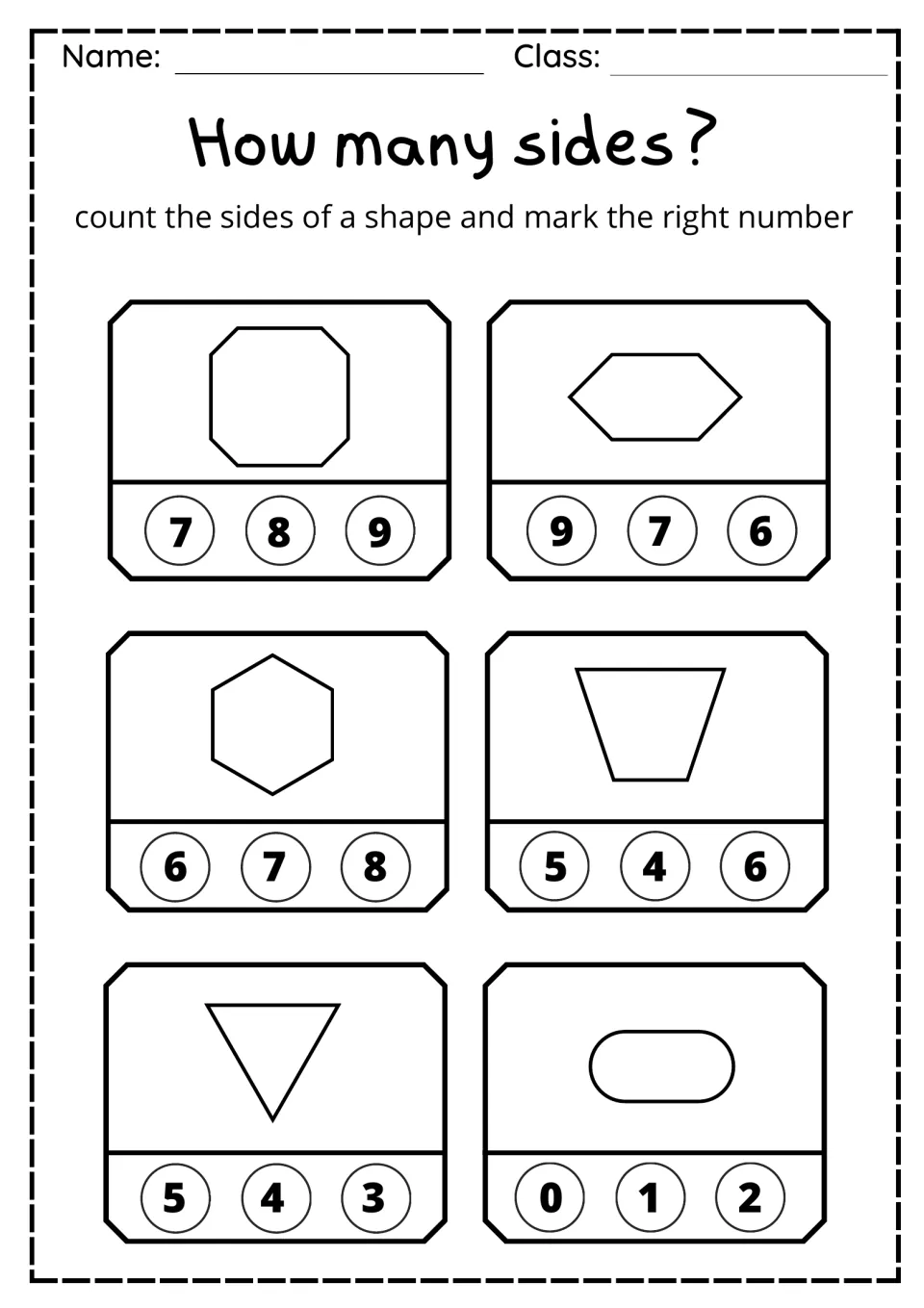 Counting sides: students choose the side count for an octagon, two hexagons, a trapezoid, a triangle and an oval shape