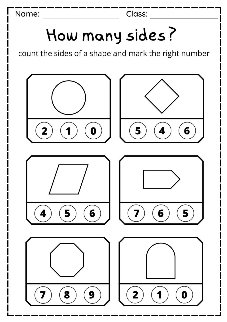Sides of 2D shapes: students mark the side count for a circle, diamond, parallelogram, arrow, octagon and arch shape