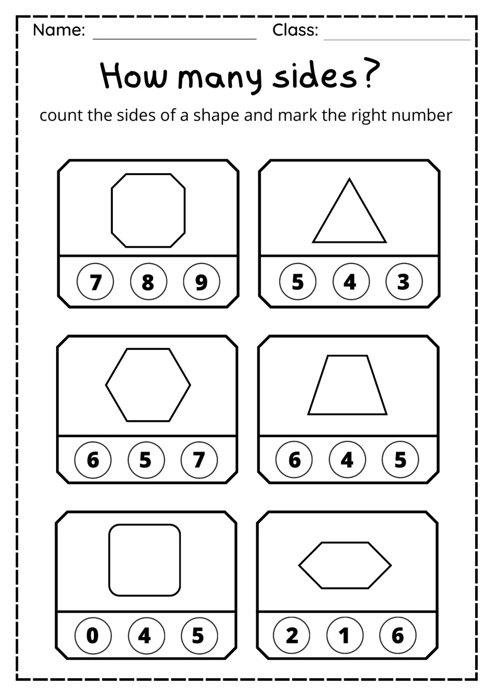 Counting shape sides: students pick the number of sides for an octagon, triangle, hexagon, trapezoid and rounded square