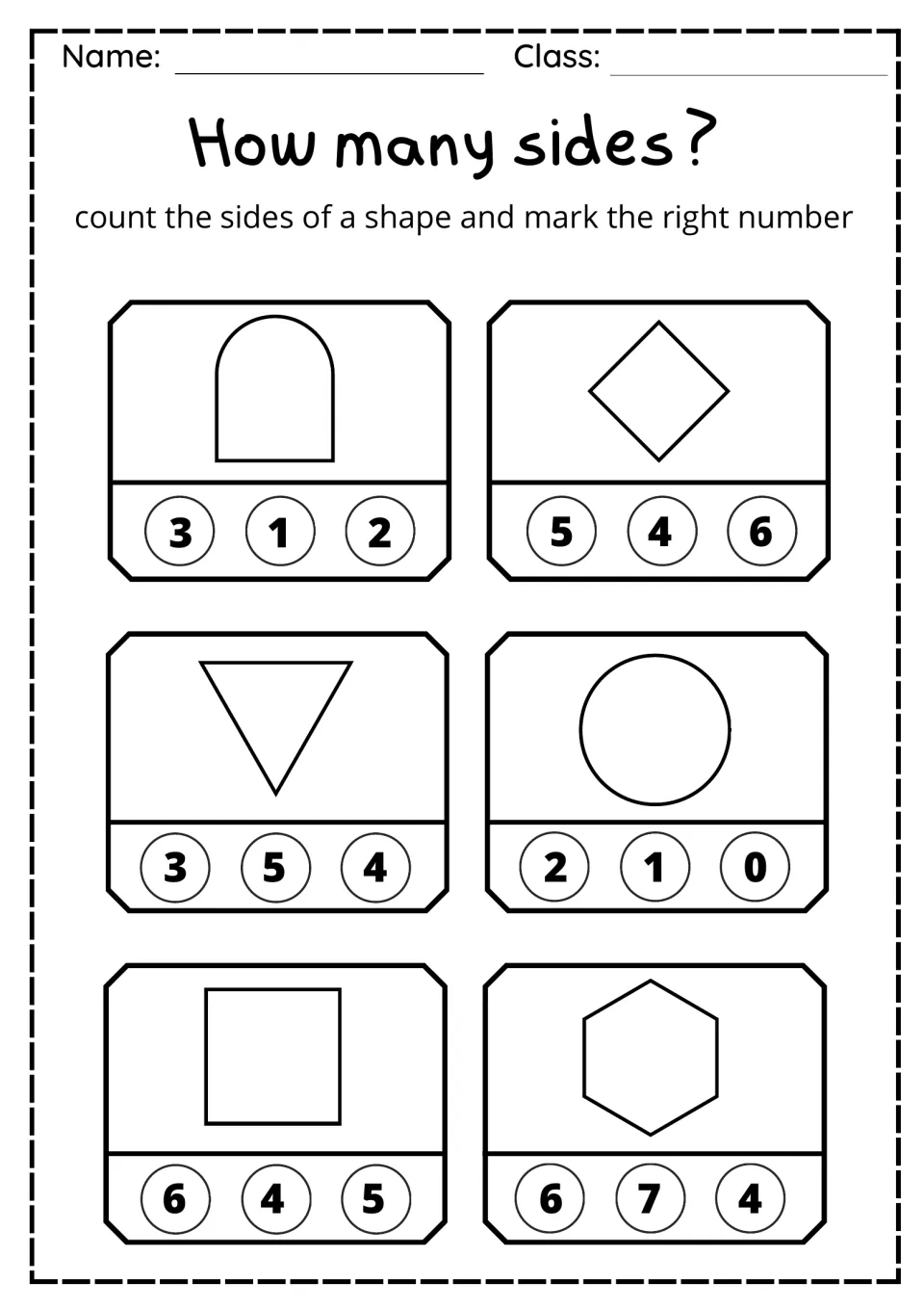 Side counting: students mark how many sides an arch, diamond, triangle, circle, square and hexagon each have
