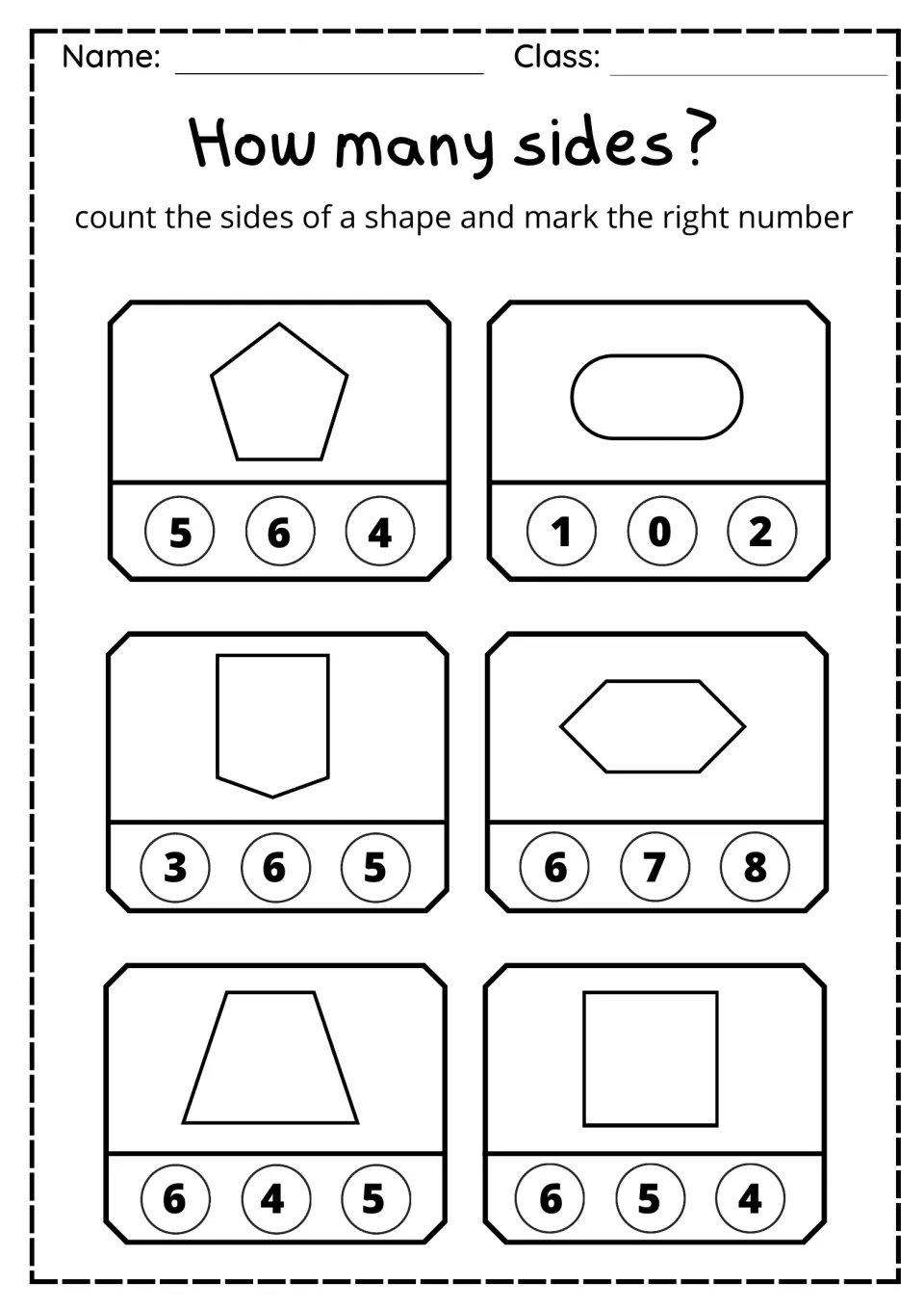 Counting sides: students choose the side count for a pentagon, oval, pennant, hexagon, trapezoid and square