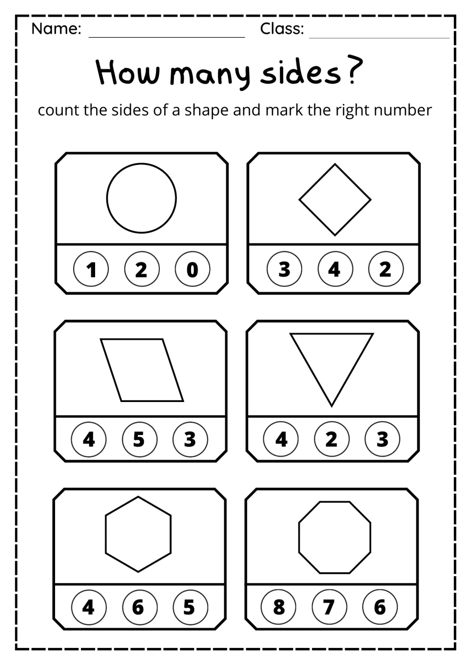 Number of sides: students mark the correct count for a circle, diamond, parallelogram, triangle, hexagon and octagon