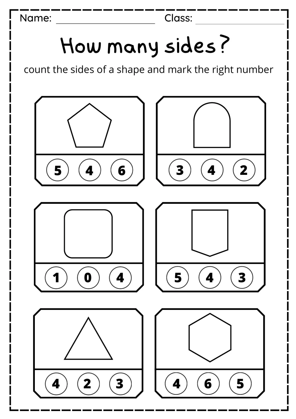 Counting sides: students pick the side count for a pentagon, arch, rounded square, pennant, triangle and hexagon