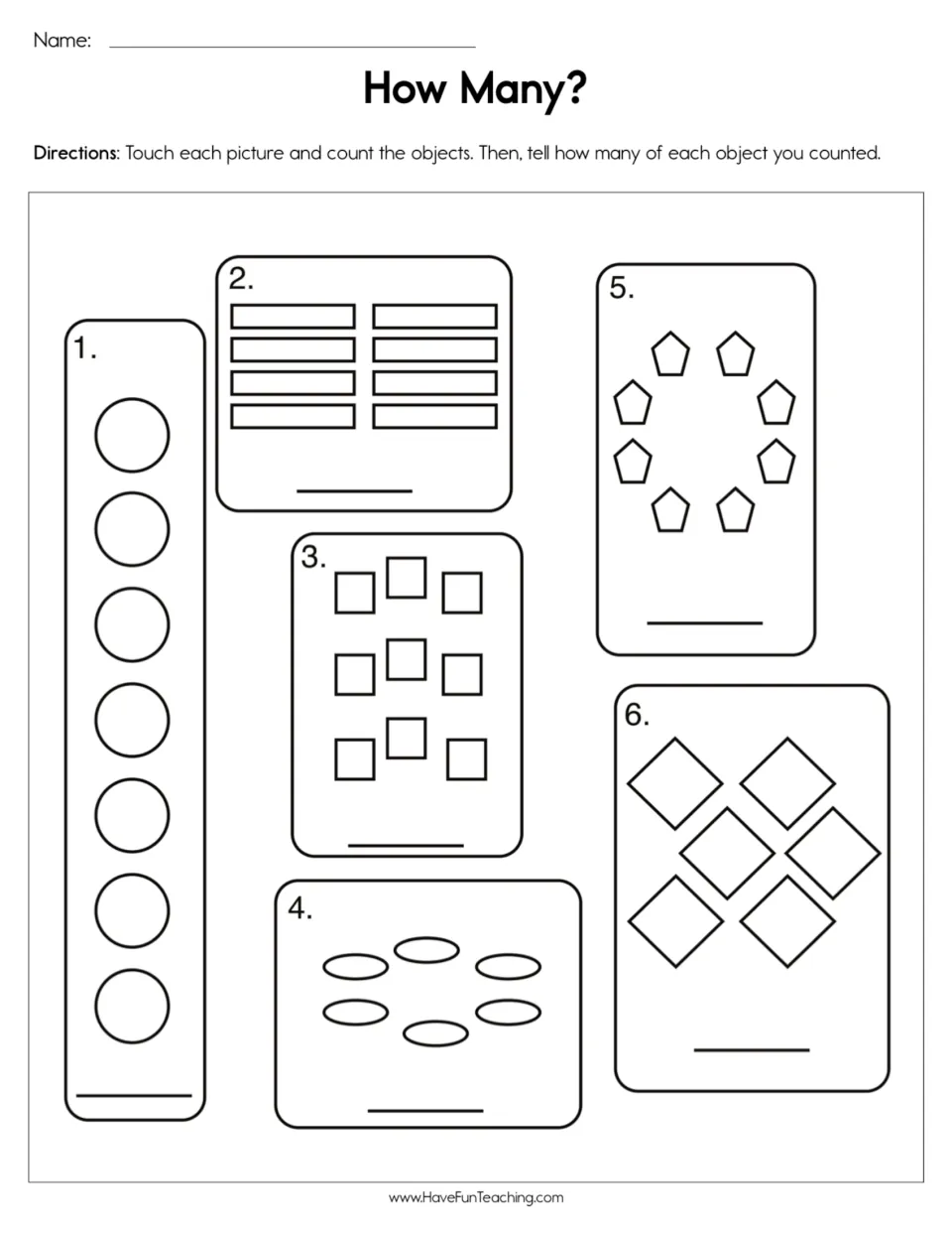 Counting shapes to 9: students touch and count circles, rectangles, squares, ovals, pentagons and diamonds in 6 sets