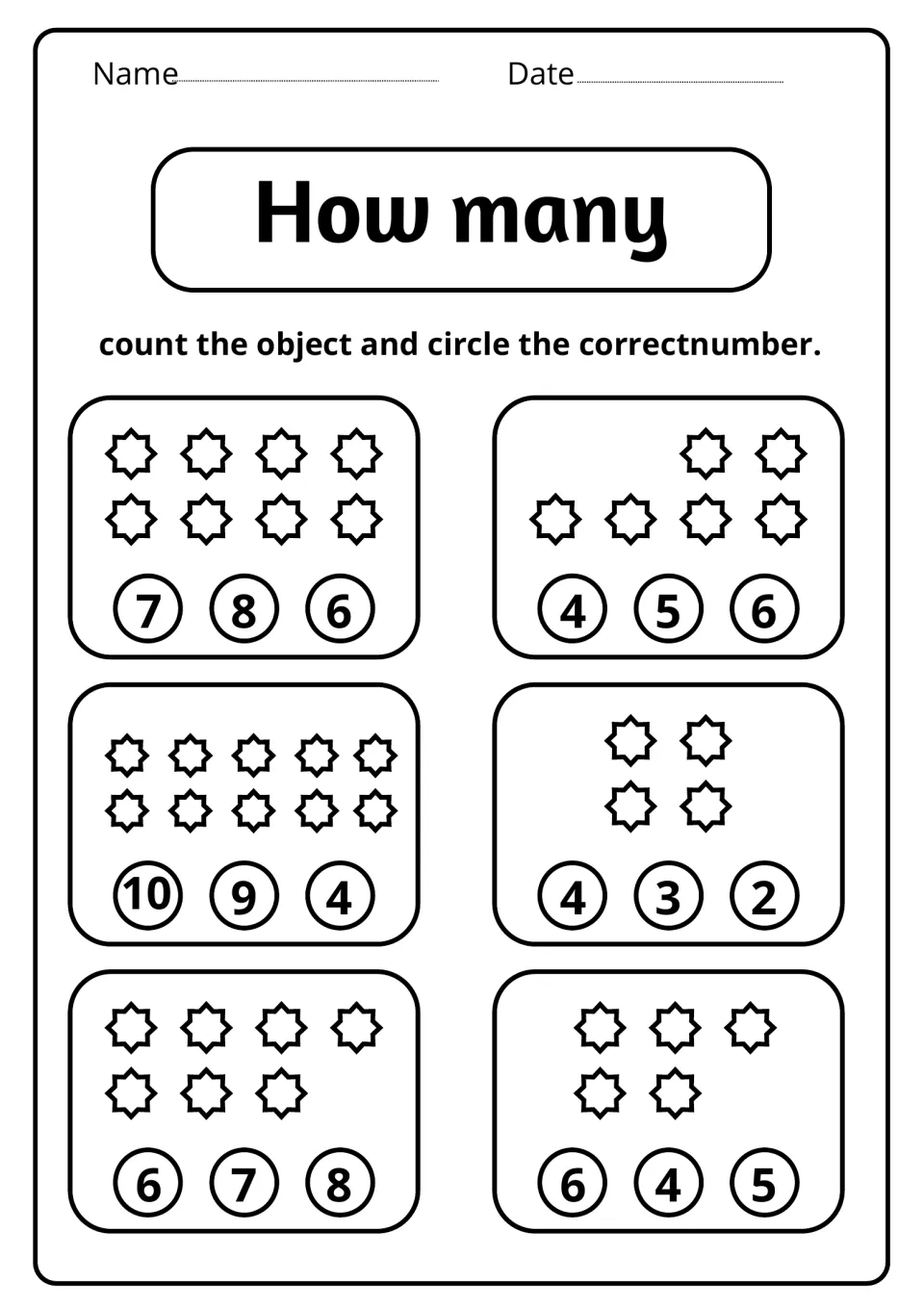 How many: students count six sets of stars, from 4 to 10, and circle the matching number from three choices in each set