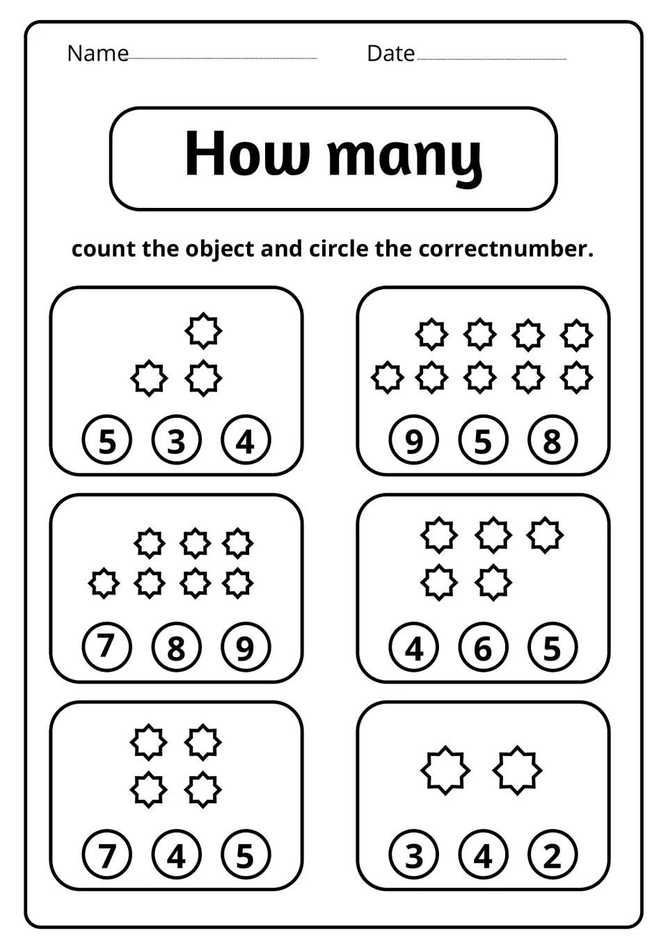 How many counting practice: students count star groups of 2 to 9 and circle the right numeral among three options