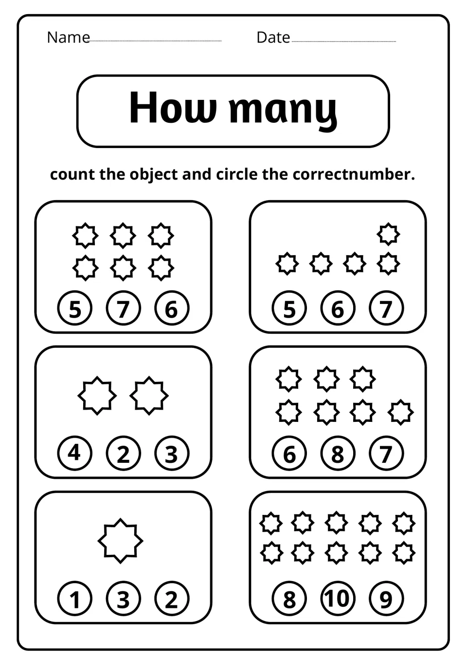 Counting stars to 10: learners count sets of 1, 2, 5, 6, 7 and 10 stars and circle the number that shows each total