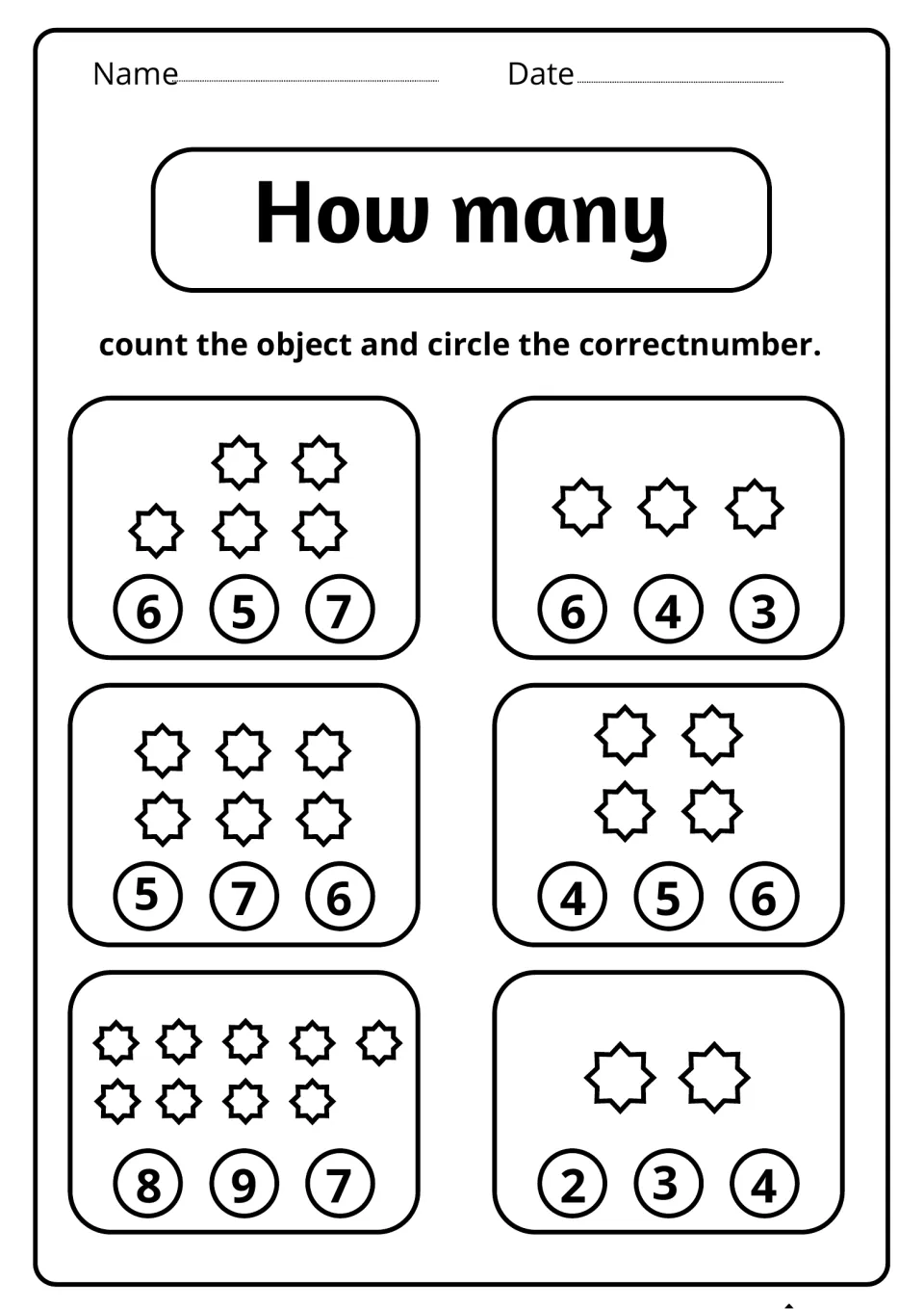 How many stars: children count six groups holding 2 to 9 stars and circle the matching numeral for each group