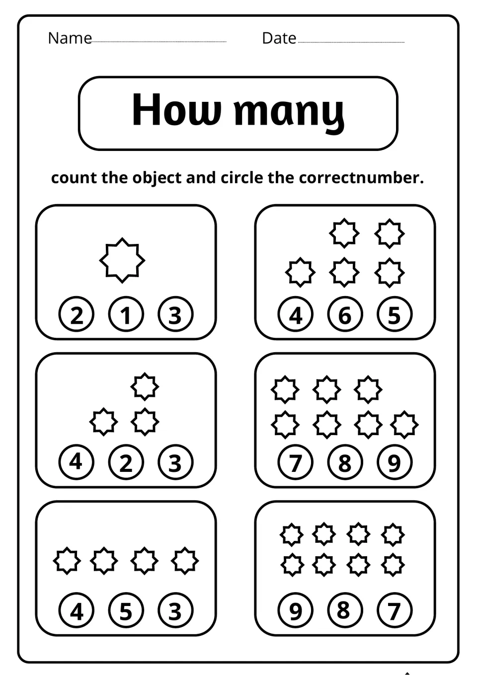 Count and circle: students count star sets from 1 to 8 and circle the correct number out of three choices for each group