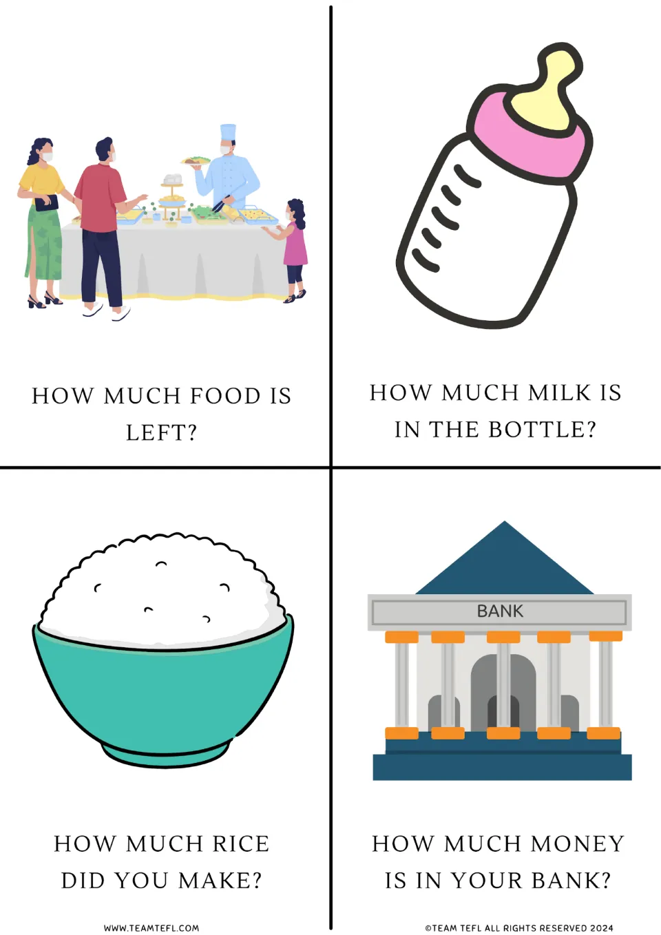 Question flashcards 1–4 use how much to ask about food left, milk in a bottle, rice made, and money in a bank.