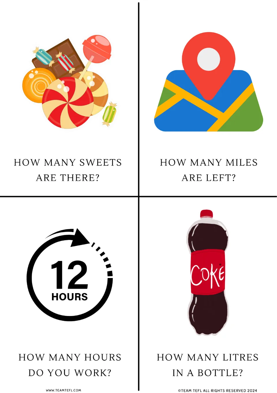 Question flashcards 5–8 use how many to ask about sweets, miles left, hours worked, and liters in a bottle.