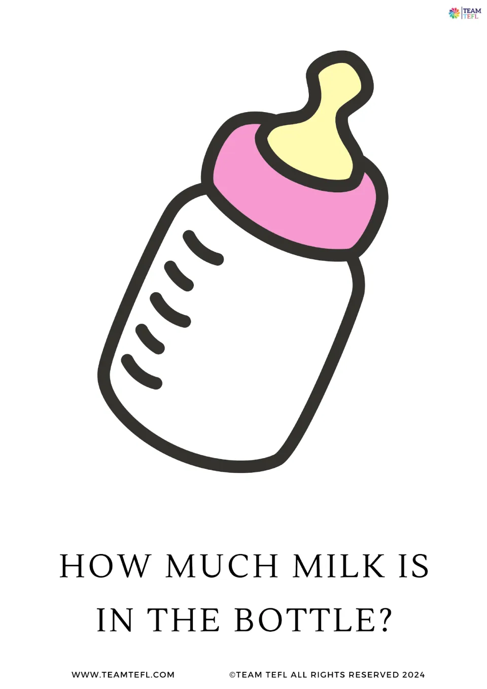 Full-page question flashcard 2 of 8: 'How much milk is in the bottle?' paired with a baby bottle illustration.