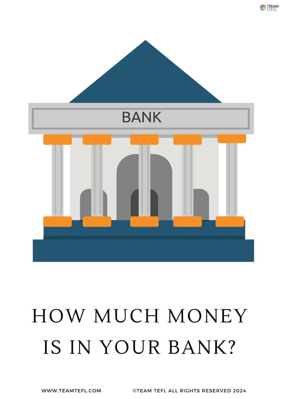 Full-page question flashcard 4 of 8: 'How much money is in your bank?' paired with a bank illustration.