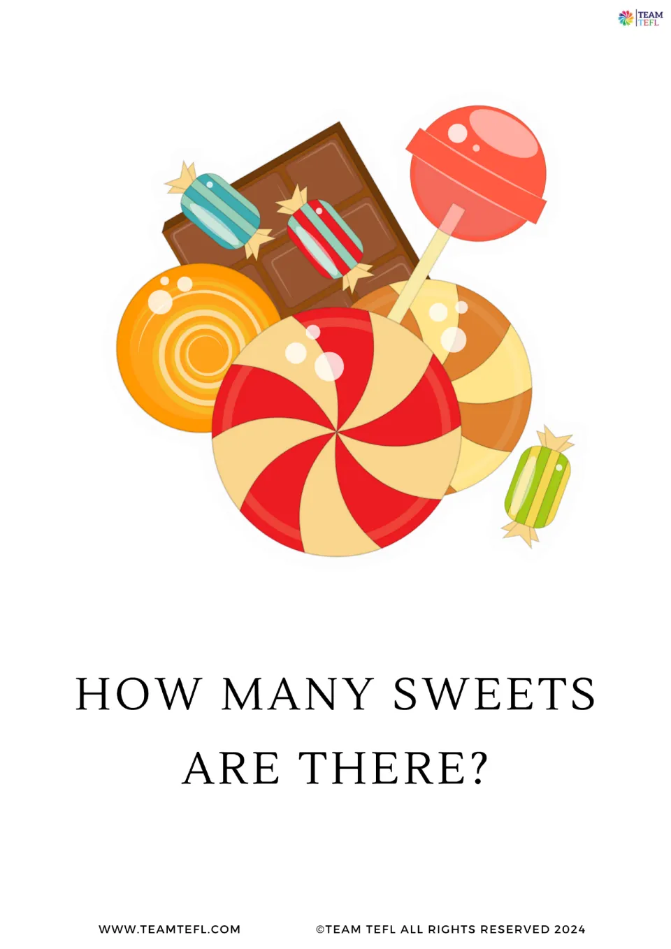 Full-page question flashcard 5 of 8: 'How many sweets are there?' paired with an illustration of candy.