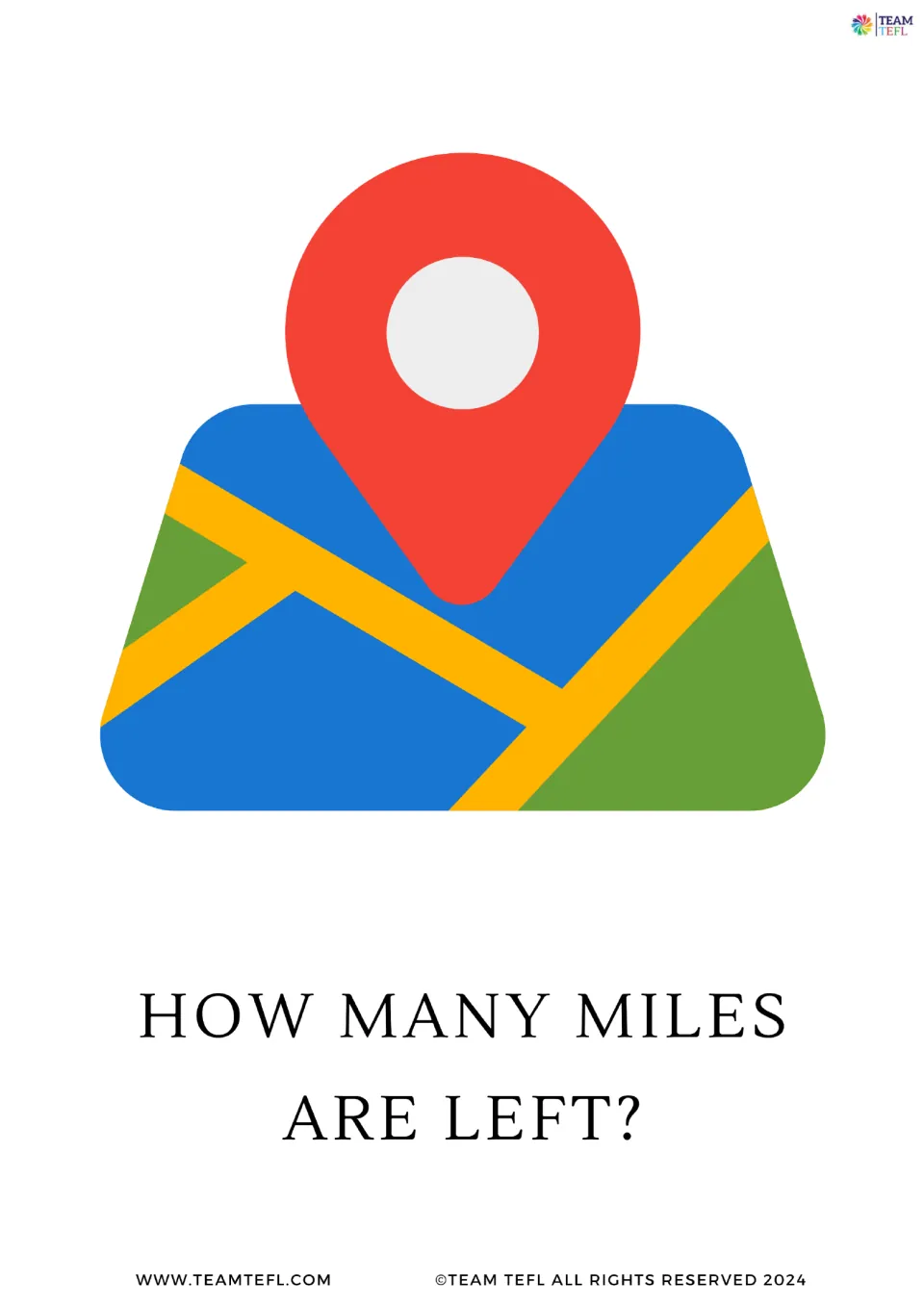 Full-page question flashcard 6 of 8: 'How many miles are left?' paired with a map and location marker.