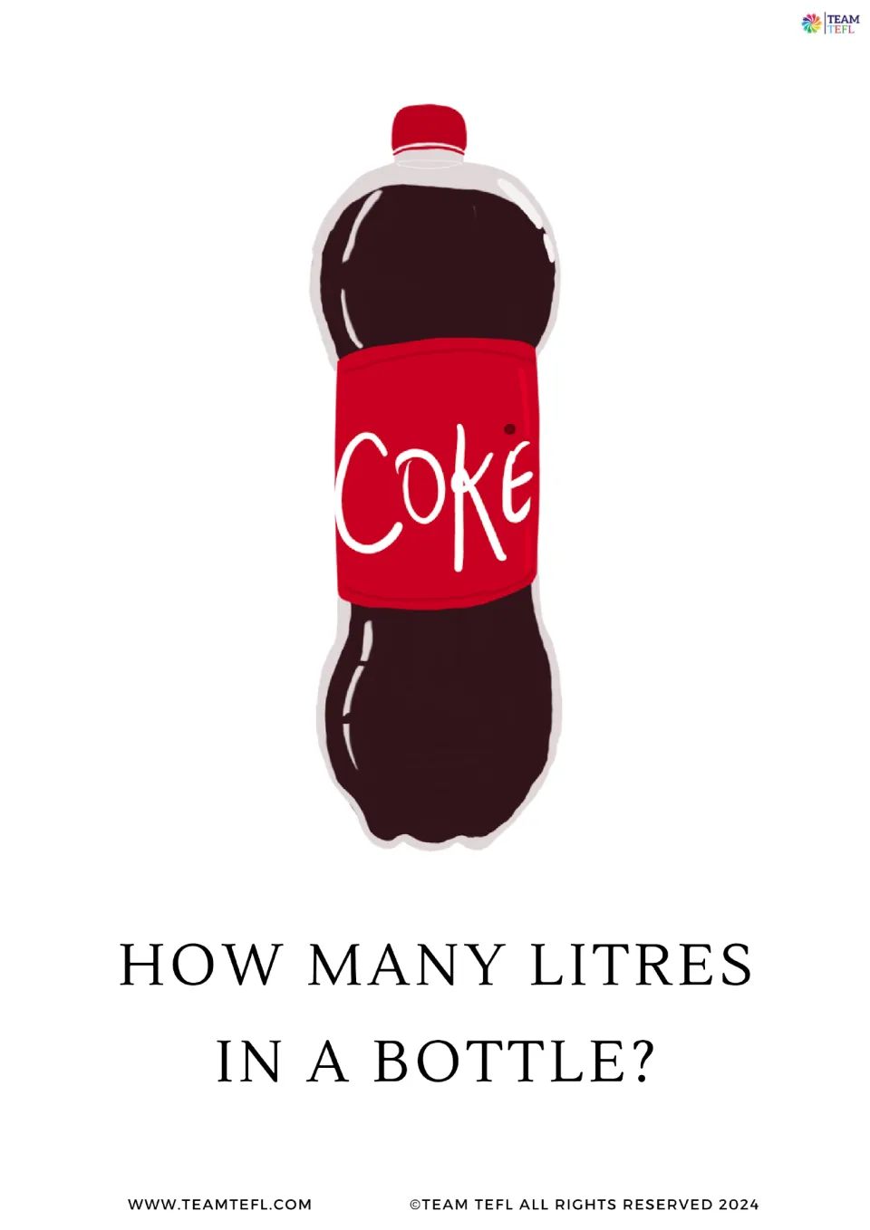 Full-page question flashcard 8 of 8 asks how many liters are in a bottle, paired with a soda bottle.