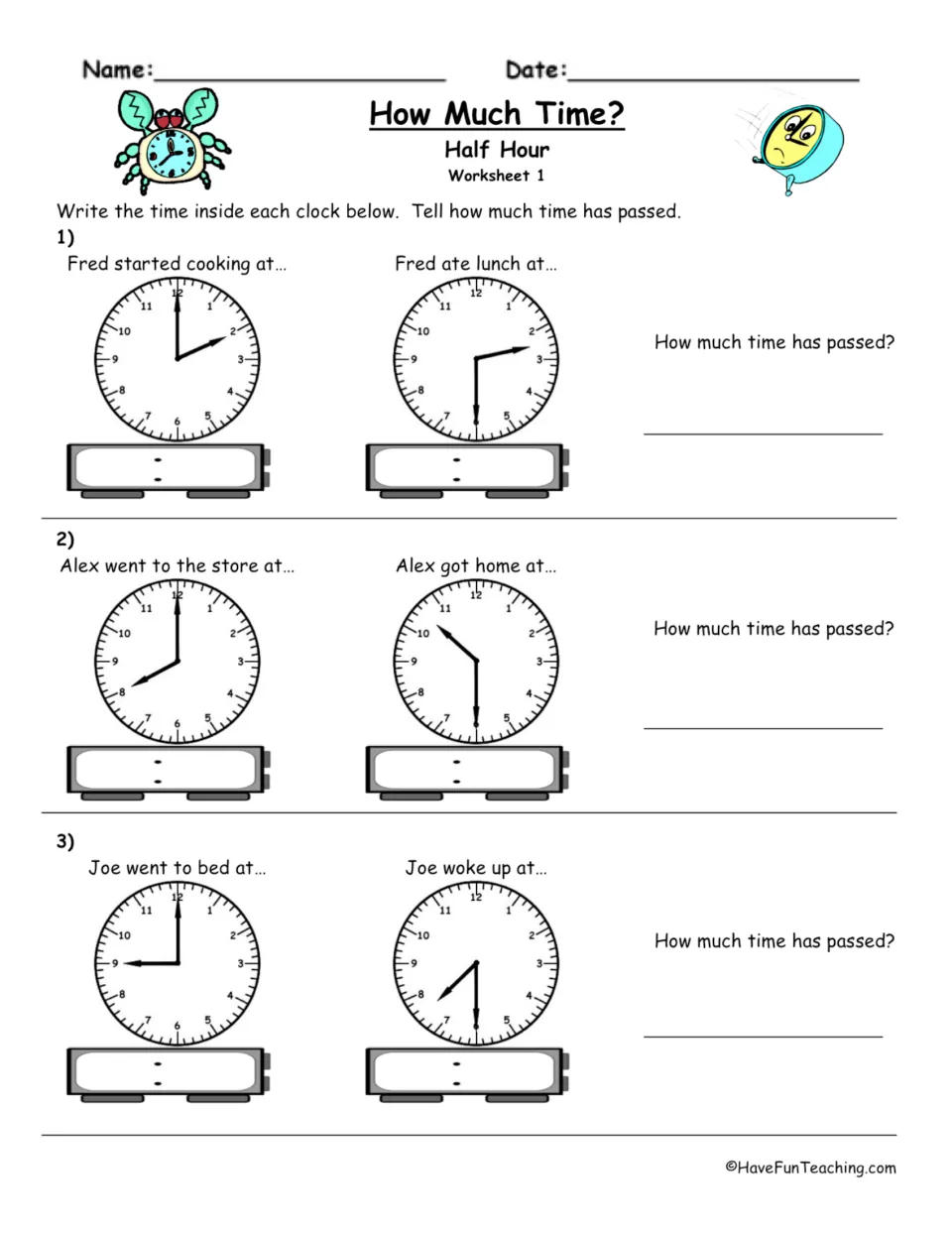 Elapsed time to the half hour, Worksheet 1: students read clock pairs for Fred, Alex and Joe and find the time passed