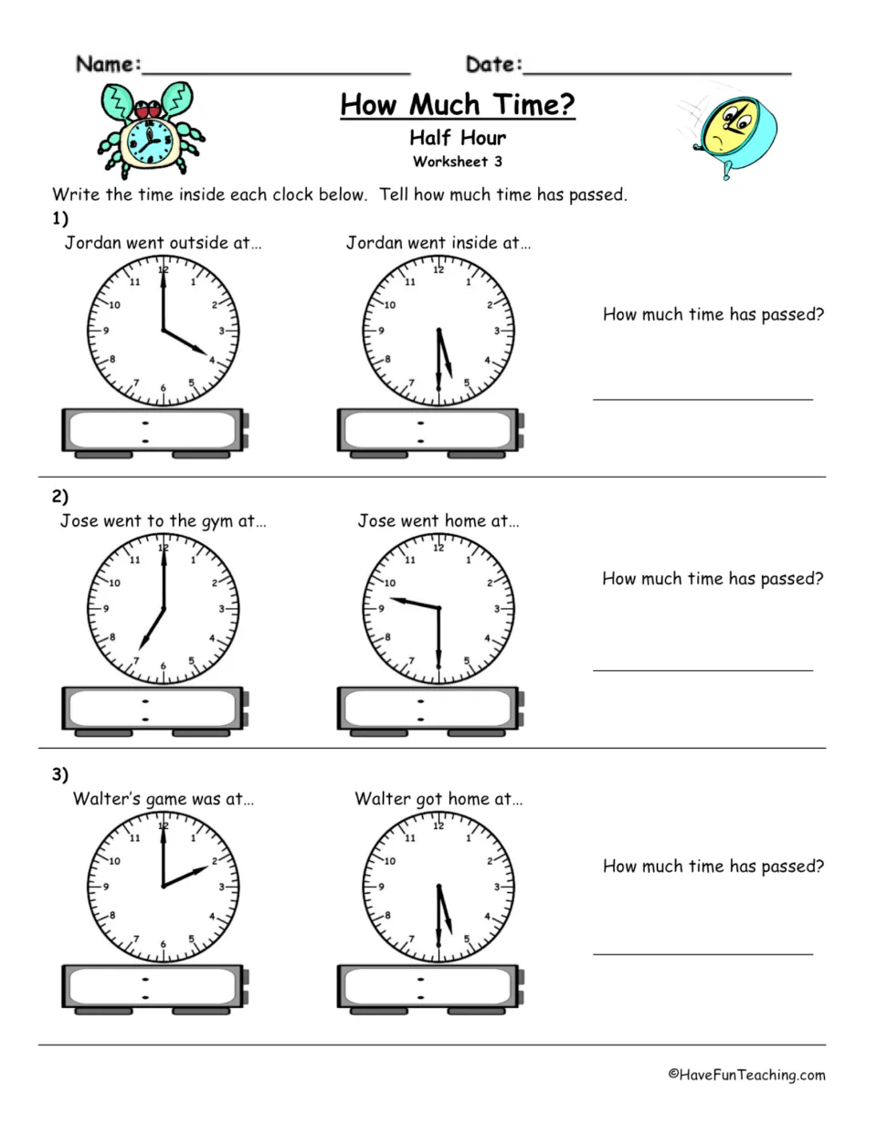 Elapsed time, Worksheet 3: students read start and end clocks for Jordan outside, Jose at the gym and Walter's game