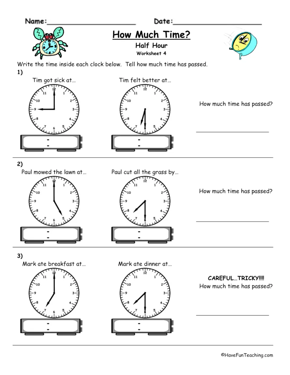Elapsed time, Worksheet 4: students find time passed for Tim, Paul and Mark, with a tricky breakfast-to-dinner item