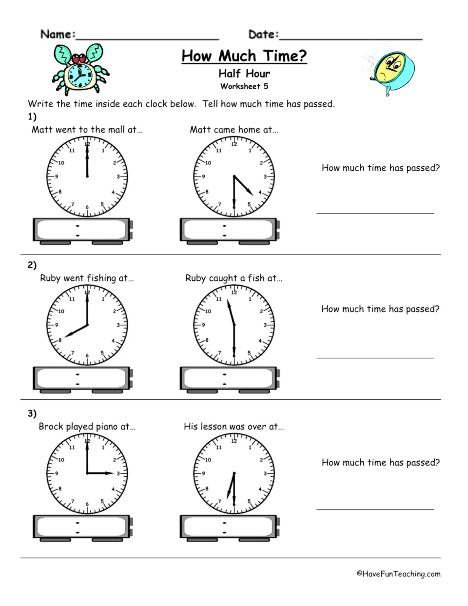 Elapsed time, Worksheet 5: students write times for Matt at the mall, Ruby fishing and Brock's piano, then time passed