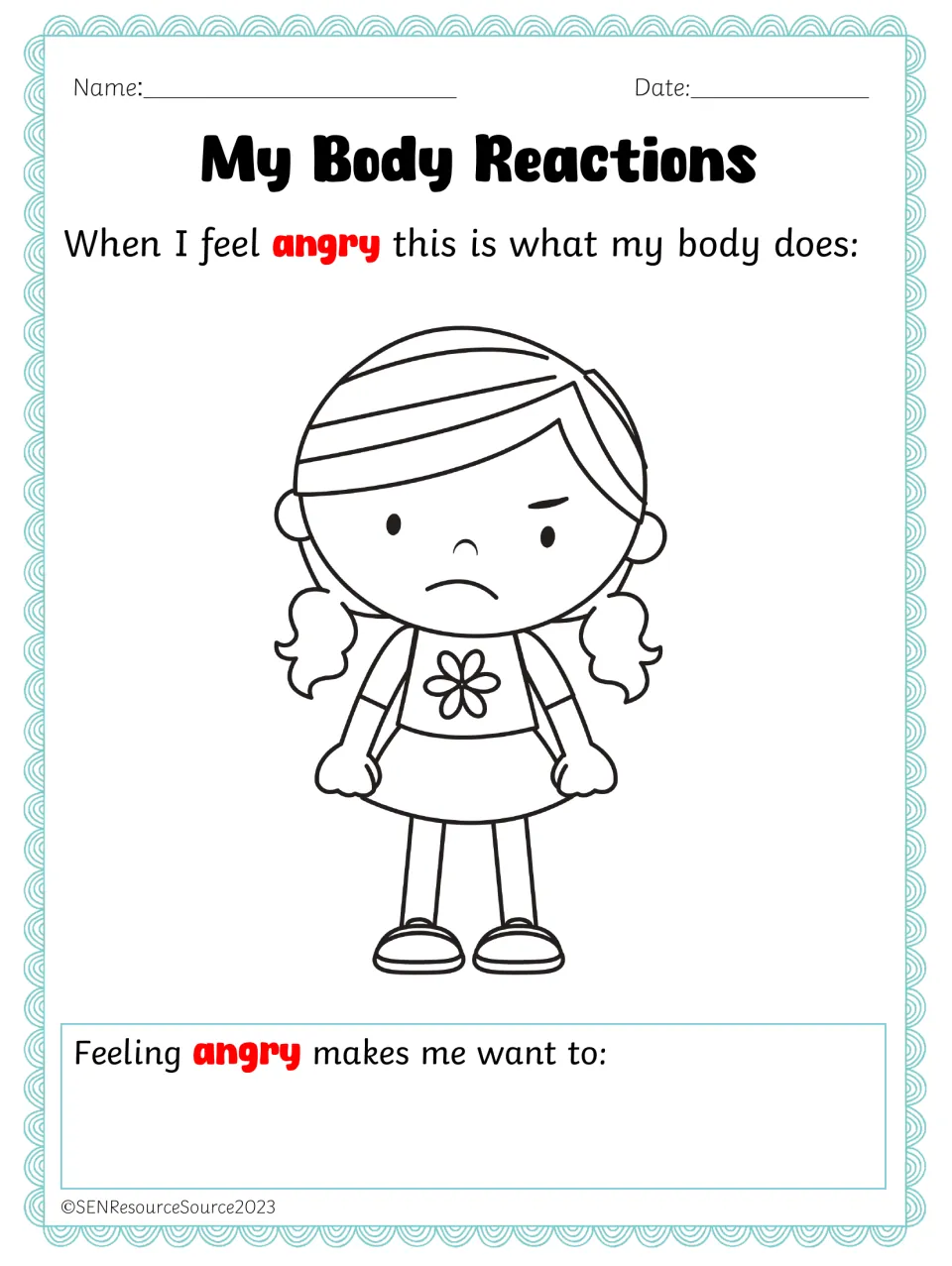 Anger body cues: students write what their body does when angry and what anger makes them want to do, by a frowning girl