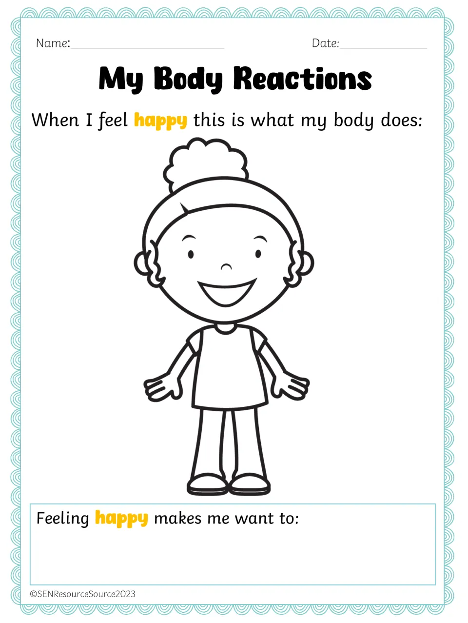 Happy body cues: beside a smiling girl, students write how their body shows happiness and what it makes them want to do