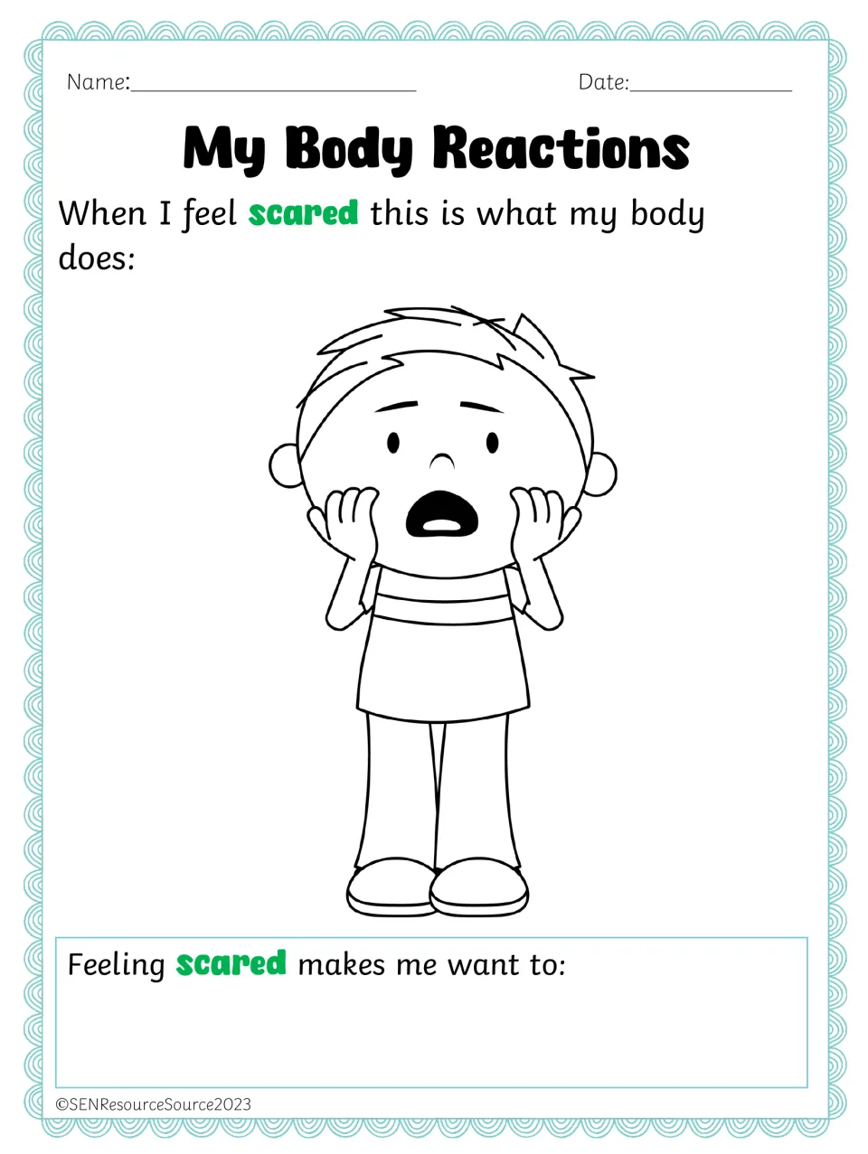 Fear body cues: a boy clutches his cheeks as students describe physical signs of feeling scared and what they want to do
