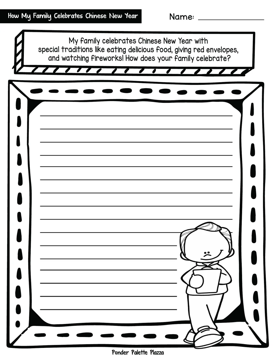 Chinese New Year writing prompt: students describe how their family celebrates, using food, red envelopes or fireworks