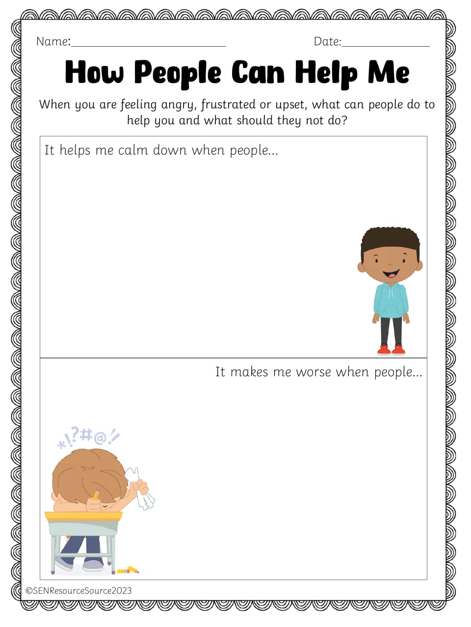 Color version of the calm-down worksheet: what people do that helps me calm down and what makes me worse.
