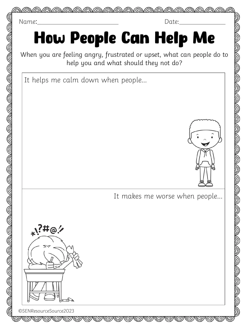 Black-and-white calm-down worksheet: what people do that helps me calm down and what makes me worse.