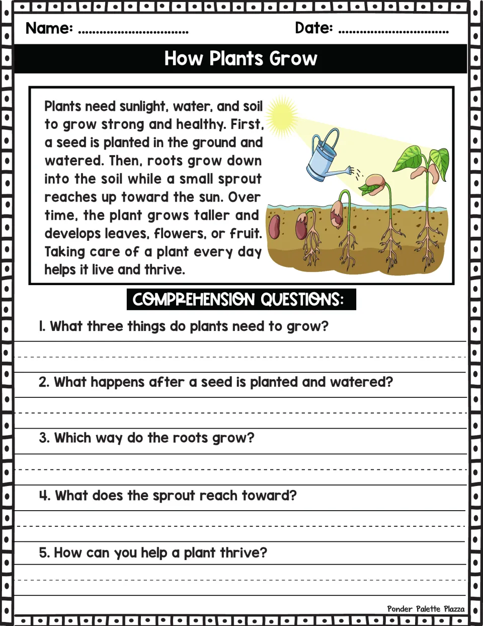 Plant growth passage on seeds, roots and sprouts; students read it and answer 5 comprehension questions in writing