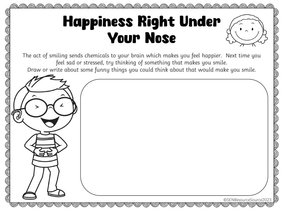 Happiness Right Under Your Nose: students read how smiling lifts mood, then draw or write funny things to smile about