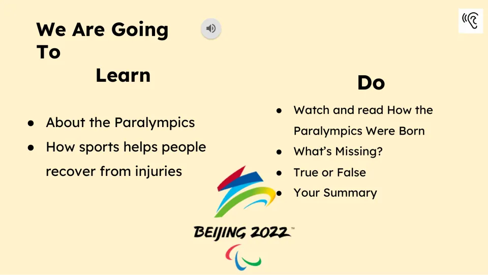 Learning goals introduce the Paralympics and sports in injury recovery, followed by a list of lesson tasks