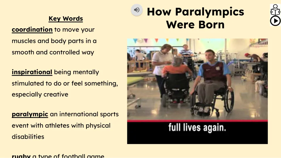 Vocabulary and video slide defines coordination, inspirational, and paralympic beside a hospital video still