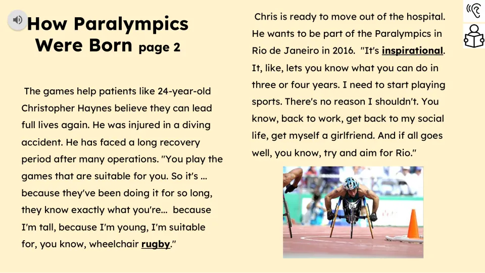 Reading passage part 2 follows Christopher Haynes's recovery, wheelchair rugby, and hopes for Rio in 2016