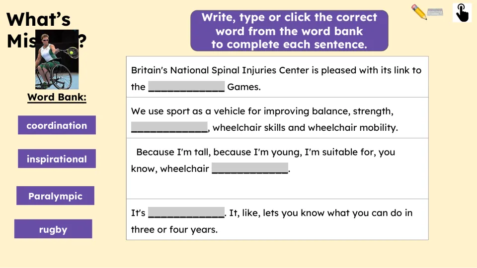 Four fill-in sentences use the word bank coordination, inspirational, Paralympic, and rugby to review the reading
