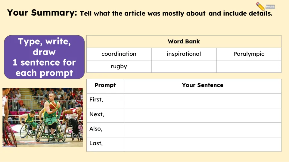 Summary activity asks for one sentence each using First, Next, Also, and Last, with a four-word vocabulary bank