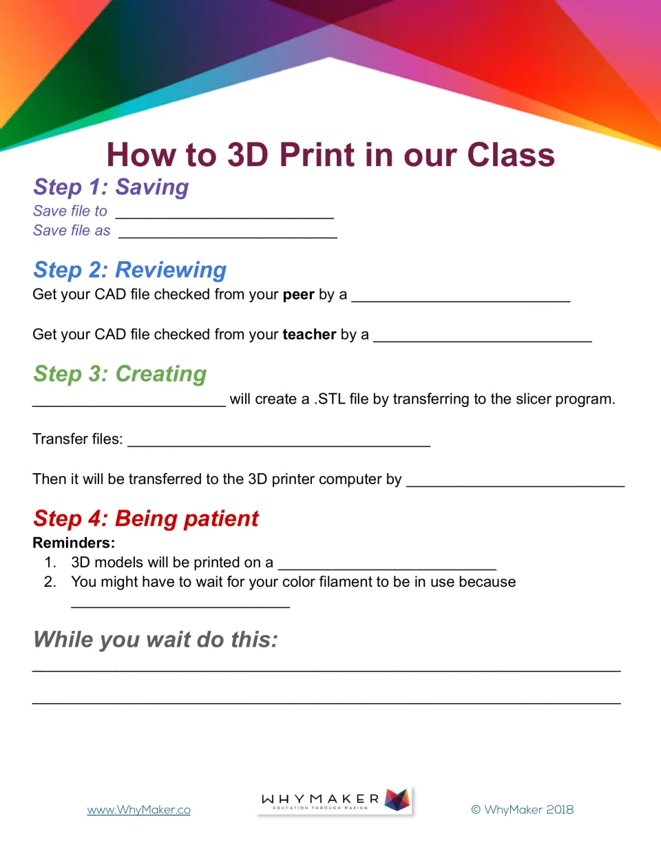 How to 3D Print in our Class poster: fill-in blanks for saving, reviewing, creating the .STL file and waiting for prints