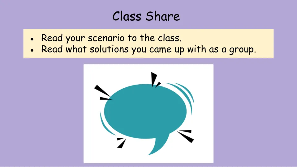 Class-sharing slide directs groups to read their digital drama scenario and proposed solutions to the class