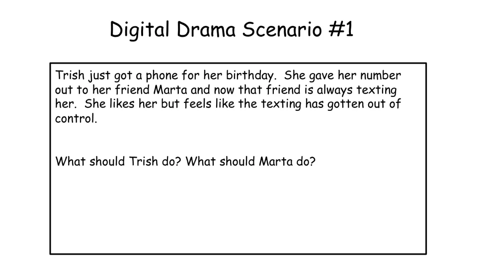 Digital drama scenario 1: Trish feels overwhelmed by Marta's constant texts; students consider what each should do