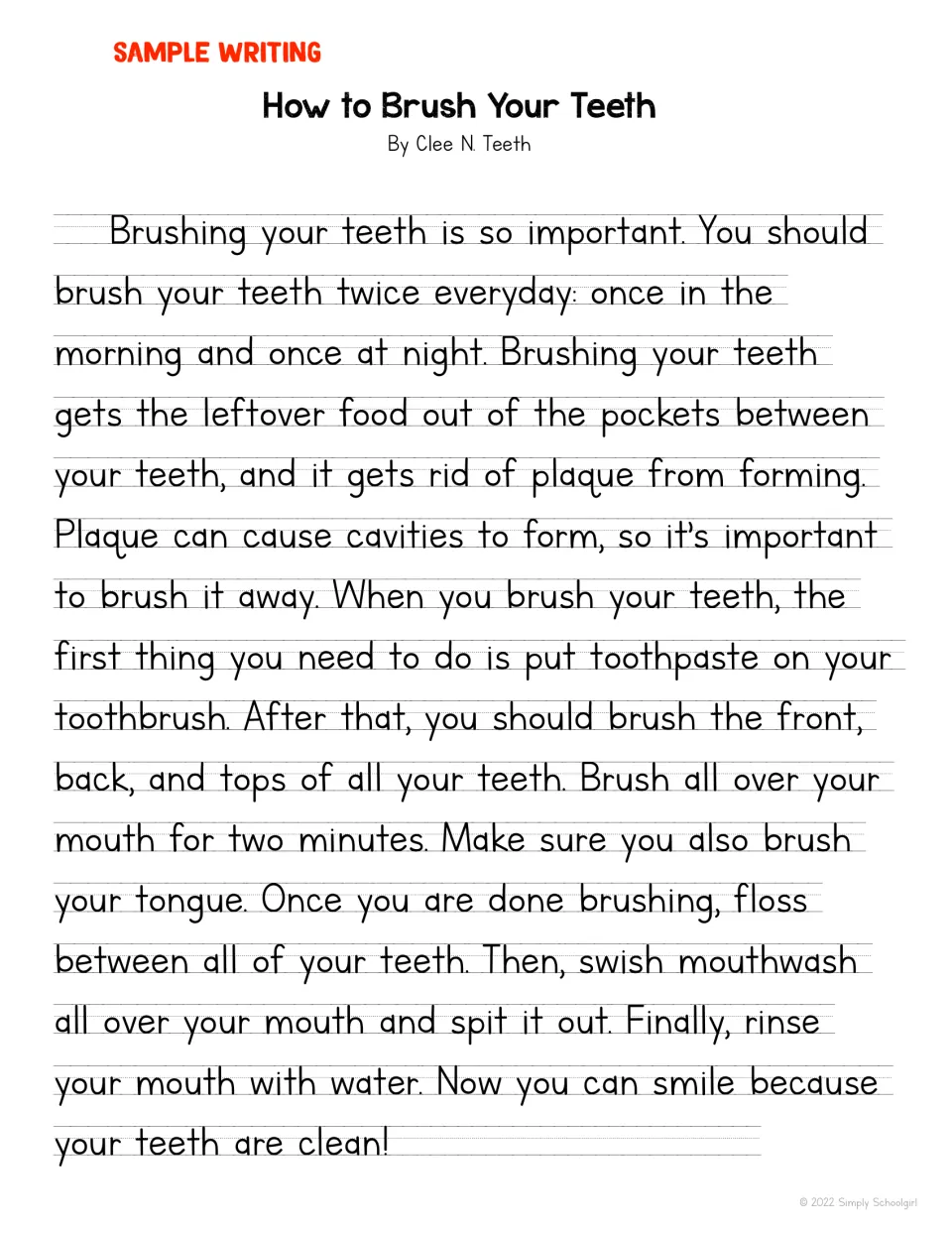 Sample toothbrushing how-to paragraph by Clee N. Teeth, ordering steps with first, after that, then and finally