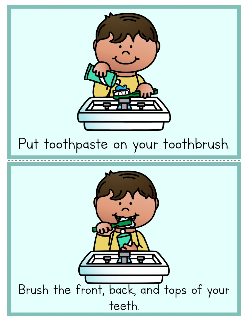 Toothbrushing sequence cards: a boy puts toothpaste on his brush, then brushes the front, back and tops of his teeth