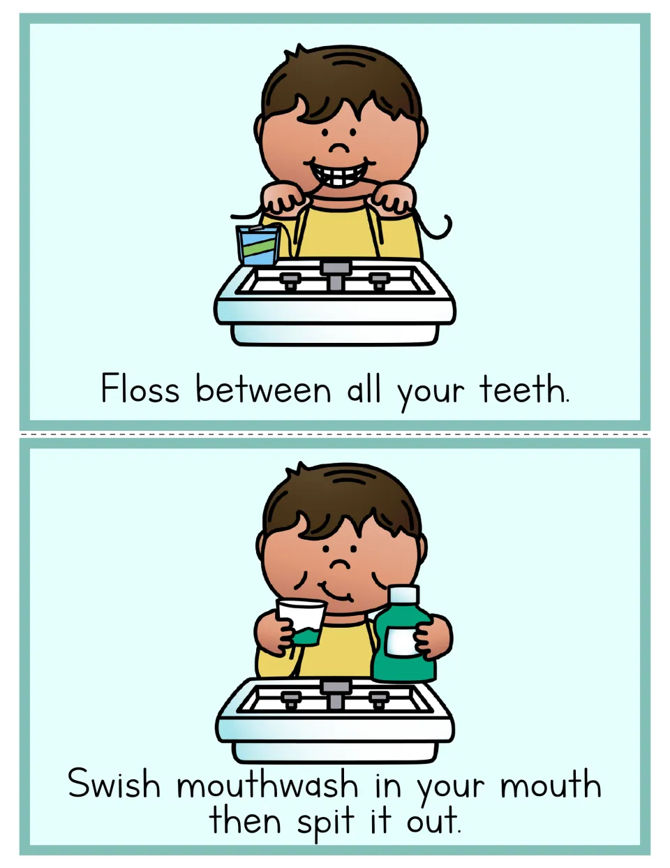 Toothbrushing sequence cards: a boy flosses between his teeth, then swishes mouthwash in his mouth and spits it out